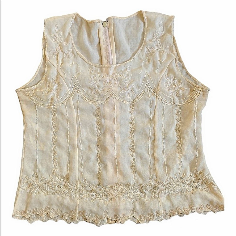 Vintage Sheer Silk Embellished Beaded Vest Top Ivory Handmade Size Medium